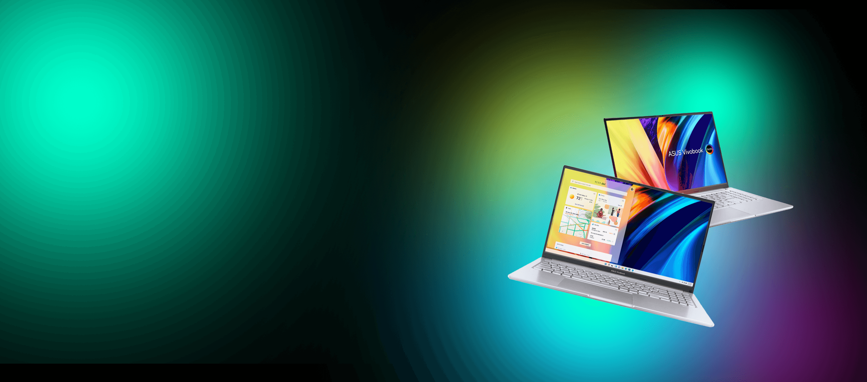 Two laptops are floating in midair with colourful background.